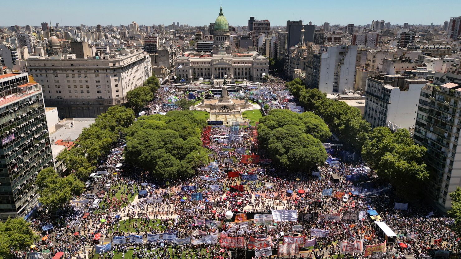People rally outside Congress during a national strike against the economic and labor reforms proposed by Argentine President Javier Milei in Buenos Aires, Argentina, Wednesday, Jan. 24, 2024.