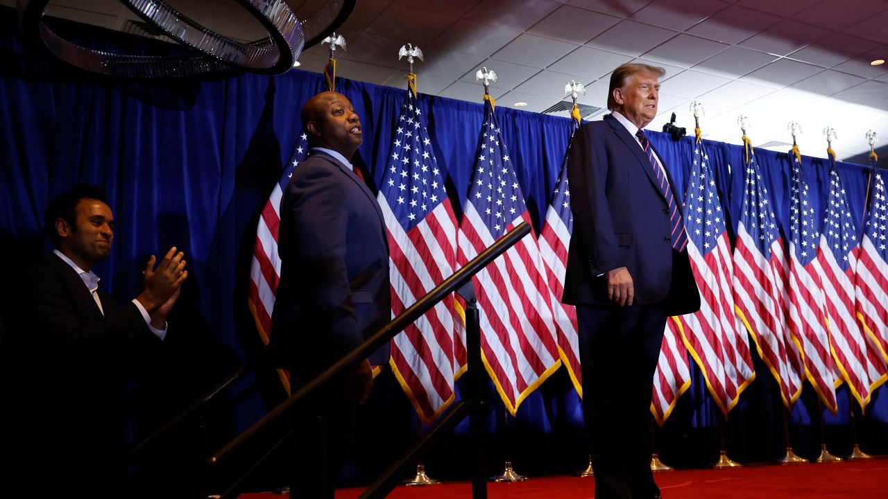 NASHUA, NEW HAMPSHIRE - JANUARY 23: Republican presidential candidate and former U.S. President Donald Trump takes the stage during his primary night party at the Sheraton on January 23, 2024 in Nashua, New Hampshire. New Hampshire voters cast their ballots in their state's primary election today. With Florida Governor Ron DeSantis dropping out of the race Sunday, former President Donald Trump and former UN Ambassador Nikki Haley are battling it out in this first-in-the-nation primary. Trump was followed on stage by U.S. Sen. Tim Scott (R-SC) and former Republican candidate Vivek Ramaswamy.  (Photo by Chip Somodevilla/Getty Images)
