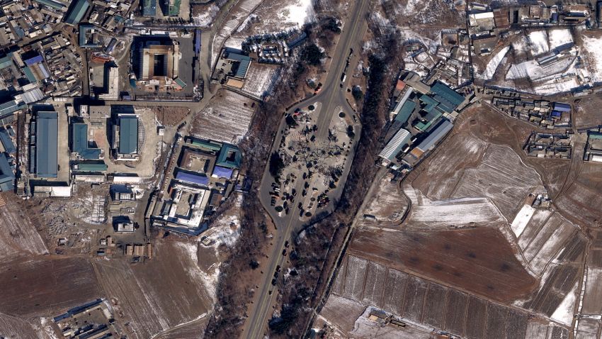 This satellite image shows the Arch of Reunification demolished, in Pyongyang on January 23, 2024.