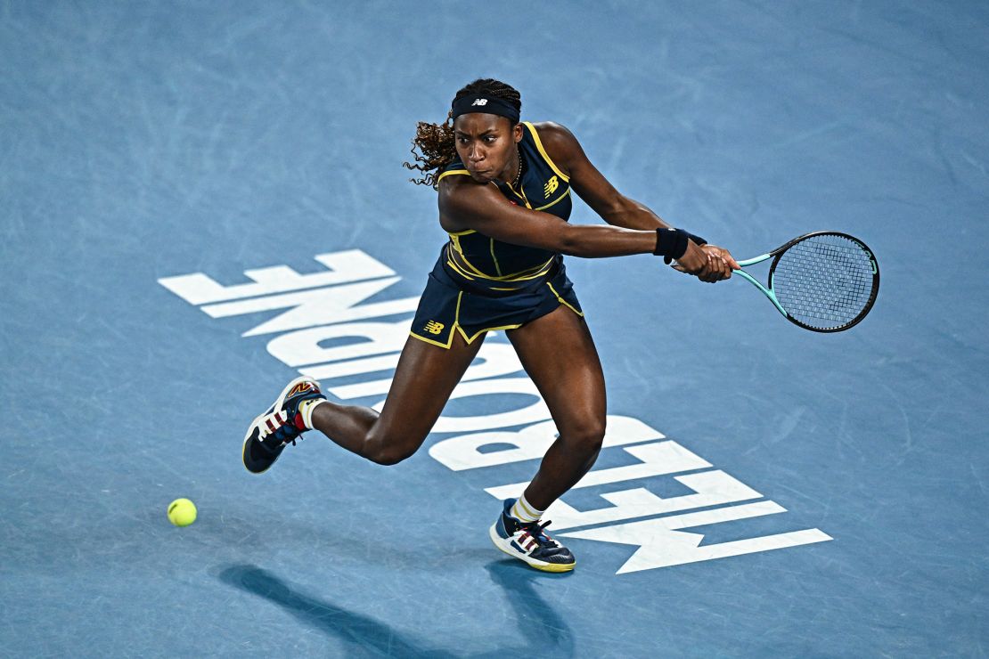 American Coco Gauff returns against Belarus' Aryna Sabalenka during their women's singles semi-final match on day 12 of the Australian Open tennis tournament in Melbourne on January 25, 2024. (Photo by Lillian SUWANRUMPHA / AFP) / -- RESTRICTED IMAGE FOR EDITORIAL USE - STRICTLY NO COMMERCIAL USE -- (Photo by LILLIAN SUWANRUMPHA/AFP via Getty Images)