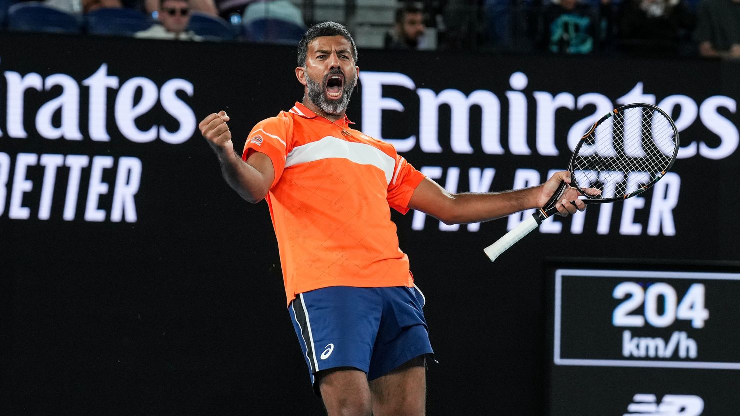 MELBOURNE, AUSTRALIA - JANUARY 25: Rohan Bopanna of India celebrates the victory in the Men's Doubles Semi Final match against Tomas Machac of Czech Republic and Zhizhen Zhang of China during day twelve of the 2024 Australian Open at Melbourne Park on January 25, 2024 in Melbourne, Australia. (Photo by Shi Tang/Getty Images)