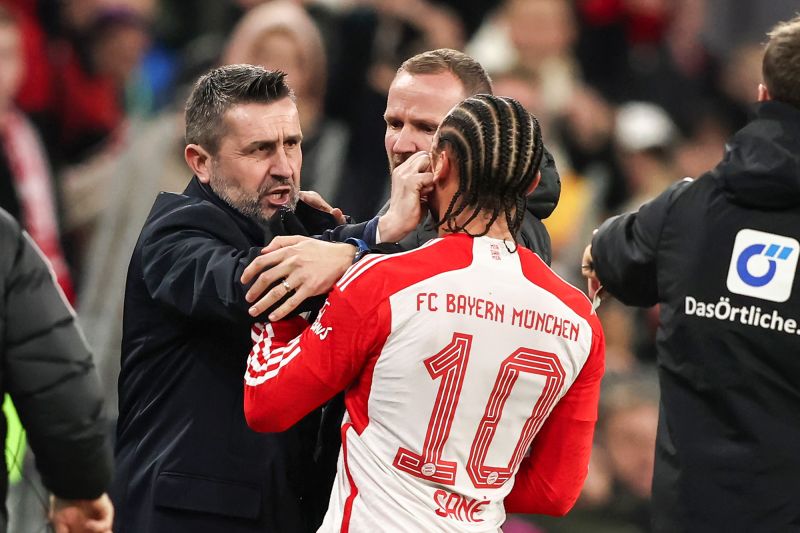 MUNICH, GERMANY - JANUARY 24: Nenad Bjelica, Head Coach of 1.FC Union Berlin, and Leroy Sane of Bayern Munich clash during the Bundesliga match between FC Bayern München and 1. FC Union Berlin at Allianz Arena on January 24, 2024 in Munich, Germany. (Photo by Stefan Matzke - sampics/Corbis via Getty Images)