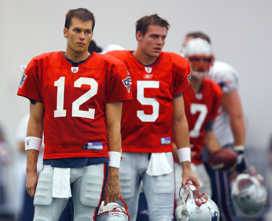 FOXBORO, MA - JULY 24:  Quarterback Tom Brady #12, Kevin O'Connell #5 and Matt Gitierrez #7 of the New England Patriots participate in a drill during the first day of training camp at Gillette Stadium on July 24, 2008 in Foxboro, Massachusetts.  (Photo by Jim Rogash/Getty Images)