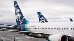 Alaska Airlines Boeing 737 Max-9 aircraft grounded at Seattle-Tacoma International Airport (SEA) in Seattle, Washington, US, on Saturday, Jan. 6, 2024. Alaska Airlines will ground its entire fleet of Boeing Co. 737 Max-9 aircraft after a fuselage section in the rear part of the brand-new jet blew out shortly after takeoff.