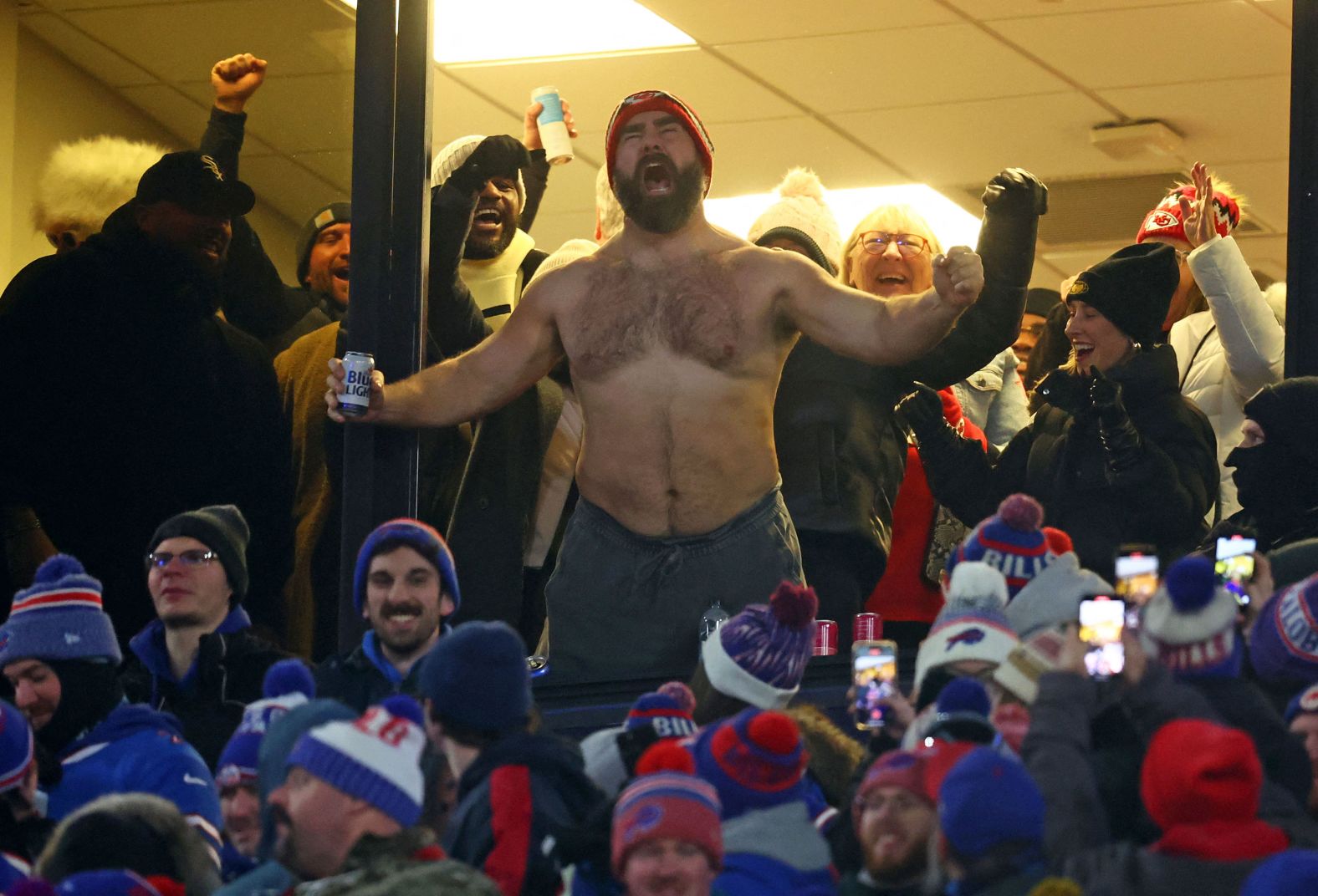 Jason Kelce celebrates shirtless after his brother, Kansas City Chiefs tight end Travis Kelce, scored a touchdown during an NFL playoff game in Orchard Park, New York, on Sunday, January 21. Jason Kelce, a seven-time Pro Bowl center for the Philadelphia Eagles, <a href="index.php?page=&url=https%3A%2F%2Fwww.cnn.com%2F2024%2F01%2F22%2Fsport%2Fshirtless-jason-kelce-bills-chiefs-nfl-spt-intl%2Findex.html" target="_blank">watched his brother's Chiefs defeat the Buffalo Bills</a> to advance to their sixth straight AFC Championship game.