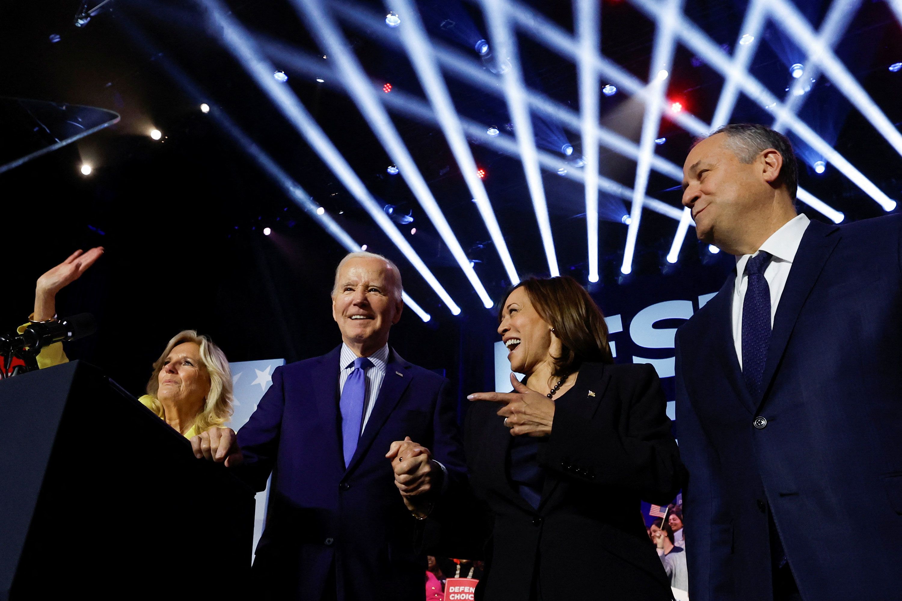 From left, first lady Jill Biden, US President Joe Biden, Vice President Kamala Harris and second gentleman Doug Emhoff attend a campaign event in Manassas, Virginia, on Tuesday, January 23. The rally, which focused on abortion rights, was repeatedly interrupted by protesters who oppose Biden's support for Israel in its war against Hamas.