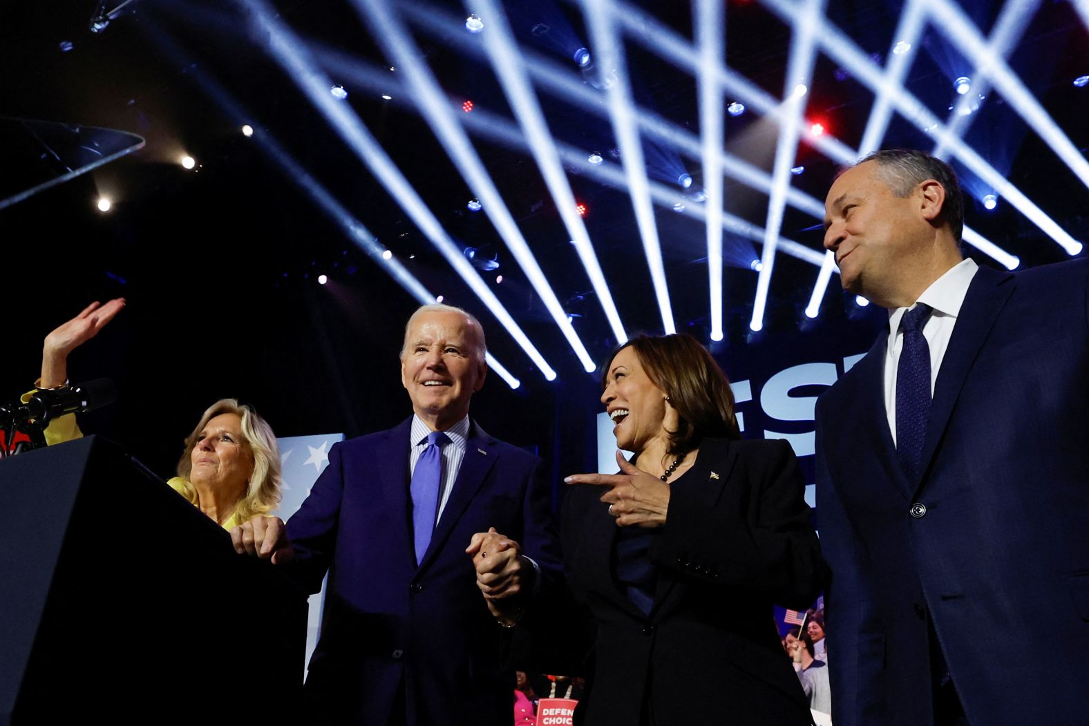 From left, first lady Jill Biden, US President Joe Biden, Vice President Kamala Harris and second gentleman Doug Emhoff attend a campaign event in Manassas, Virginia, on Tuesday, January 23. The rally, which focused on abortion rights, <a href="index.php?page=&url=https%3A%2F%2Fwww.cnn.com%2F2024%2F01%2F23%2Fpolitics%2Fbiden-harris-abortion-rights%2Findex.html" target="_blank">was repeatedly interrupted by protesters</a> who oppose Biden's support for Israel in its war against Hamas.