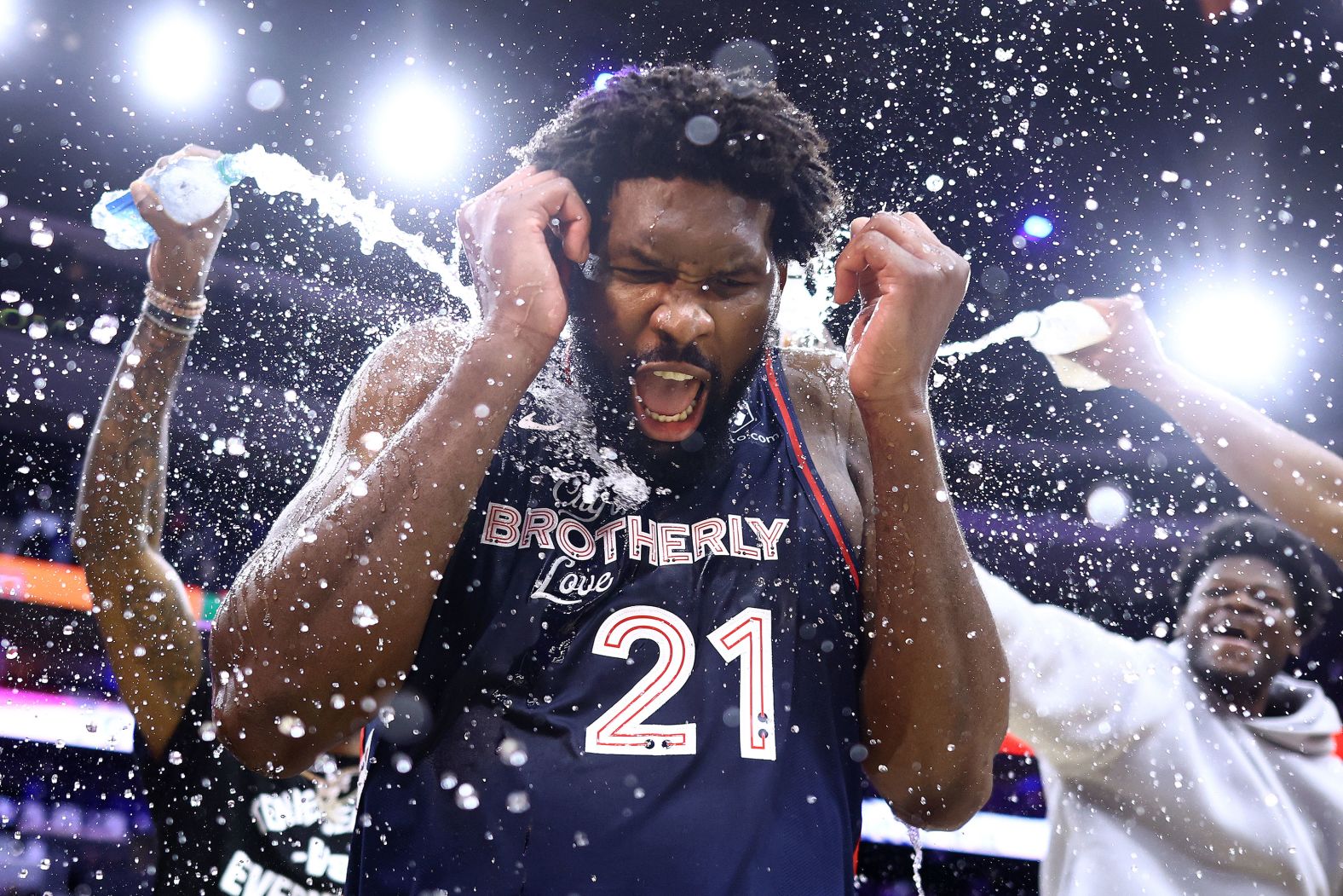 Philadelphia 76ers star Joel Embiid is showered with water after <a href="index.php?page=&url=https%3A%2F%2Fwww.cnn.com%2F2024%2F01%2F23%2Fsport%2Fjoel-embiid-70-points-philadelphia-76ers-nba-spt-intl%2Findex.html" target="_blank">he scored a franchise-record 70 points</a> in the NBA team's victory over San Antonio on Monday, January 22.
