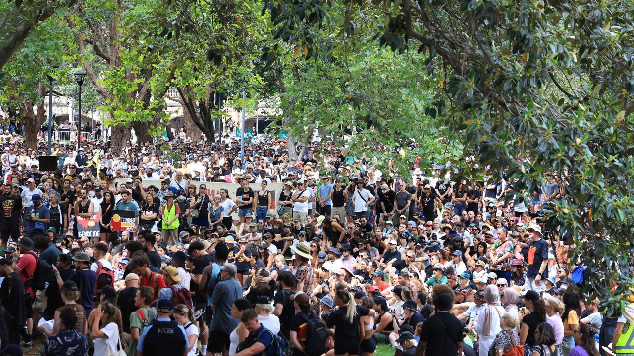 Demonstrators pack Belmore Park in Sydney for an Invasion Day rally on January 26, 2024 in Sydney, Australia. 