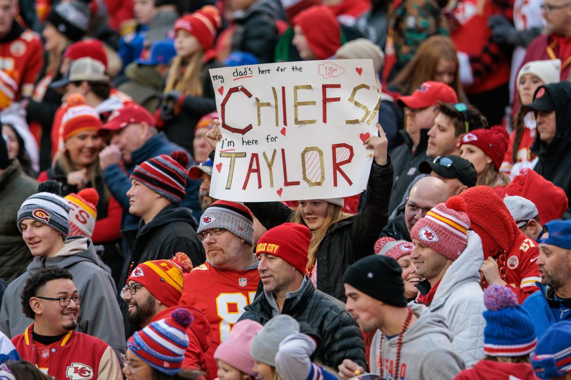 KANSAS CITY, MO - DECEMBER 10: Kansas City Chiefs fans hold up a Taylor Swift sign during the game against the Buffalo Bills on December 10th at Arrowhead Stadium in Kansas City, Missouri. (Photo by William Purnell/Icon Sportswire via Getty Images)