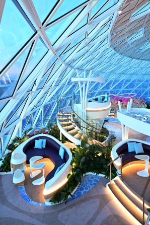 <strong>Inside the AquaDome:</strong> The Overlook Lounge, located inside the 82-foot-tall steel and glass AquaDome that crowns part of the top of the ship, has seating pods the cruise line bills as "your most elevated hangout ever."