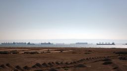 Cargo ships wait in the Red Sea near the opening of the Suez Canal, on March 29, 2021.