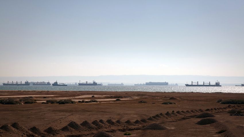 Cargo ships wait in the Red Sea near the opening of the Suez Canal, on March 29, 2021. 