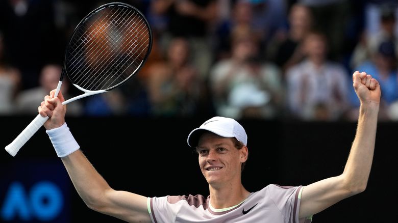 Jannik Sinner of Italy celebrates after defeating Novak Djokovic of Serbia in their semifinal at the Australian Open tennis championships at Melbourne Park, Melbourne, Australia, Friday, January 26, 2024.