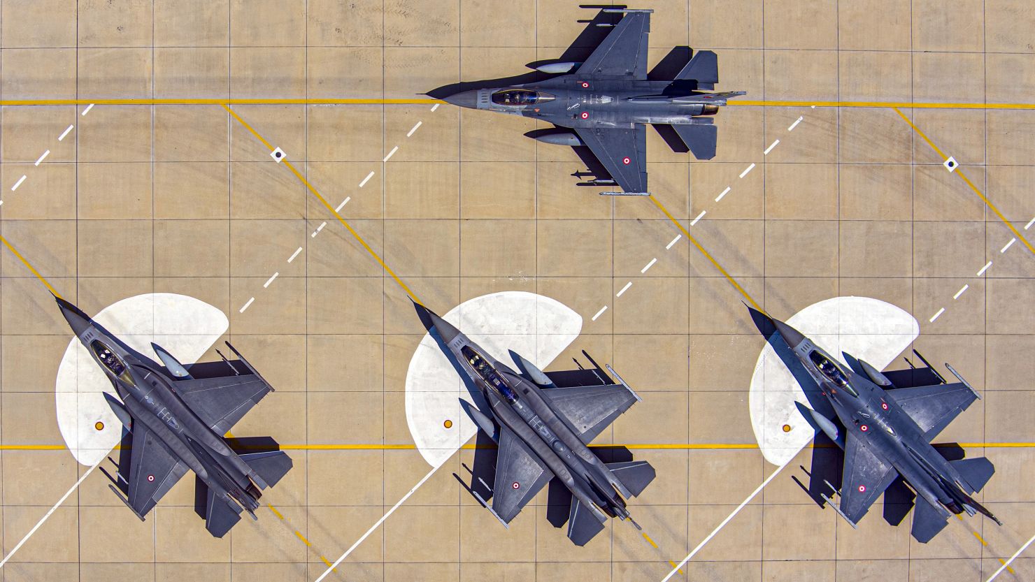 BALIKESIR, TURKIYE - MAY 22: An aerial view of  Turkish Air Force F-16 fighter aircrafts  in Balikesir, Turkiye on May 22, 2022. The 161st Fleet Command, the only fleet of the Turkish Air Force with two coded names - coded as "Eagle" during the day and "Bat" at night - takes an active role in both the protection of the airspace in Aegean Region and the combat against terrorism. (Photo by Ali Atmaca/Anadolu Agency via Getty Images)