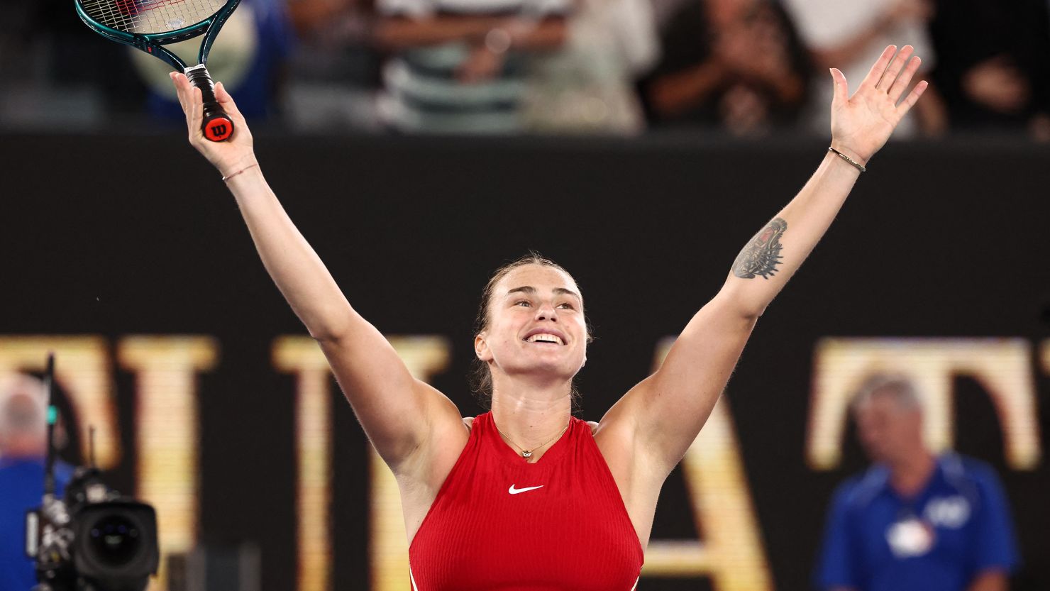 Belarus' Aryna Sabalenka celebrates after victory against China's Zheng Qinwen during their women's singles final match on day 14 of the Australian Open tennis tournament in Melbourne on January 27, 2024. (Photo by David GRAY / AFP) / -- IMAGE RESTRICTED TO EDITORIAL USE - STRICTLY NO COMMERCIAL USE -- (Photo by DAVID GRAY/AFP via Getty Images)