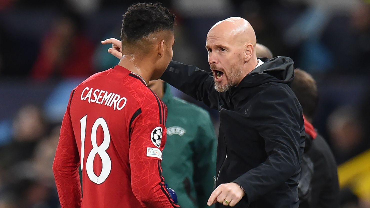 Manchester United manager Erik Ten Hag speaks to midfielder Casemiro during the UEFA Champions League Group A match between Manchester United and Galatasaray Istanbul in Manchester, Britain, 03 October 2023.