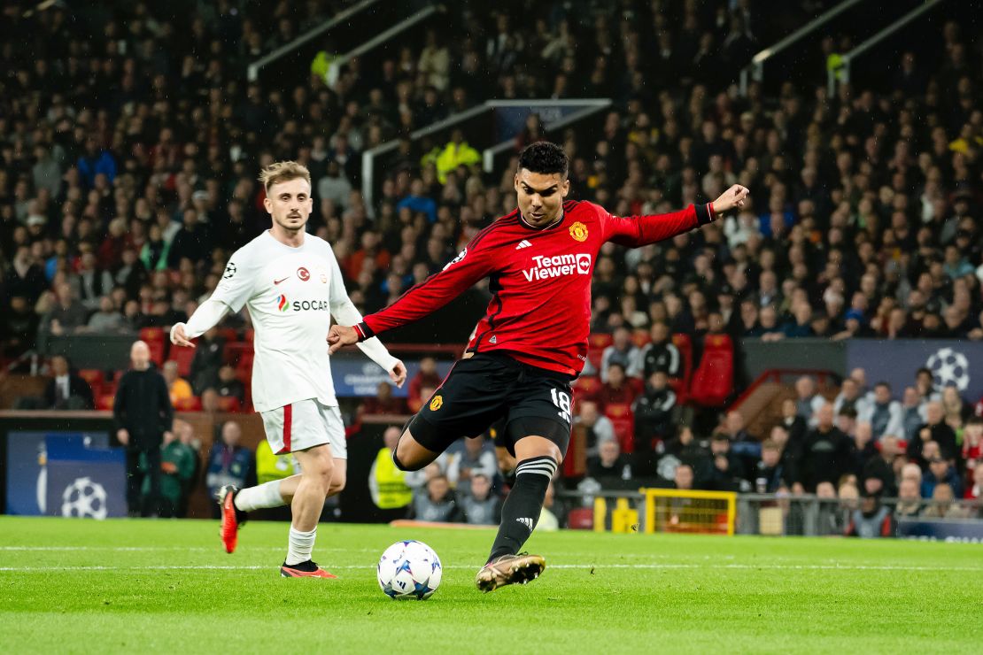 Casemiro of Manchester United in action during the UEFA Champions League match between Manchester United and Galatasaray A.S. at Old Trafford on October 03, 2023 in Manchester, England.