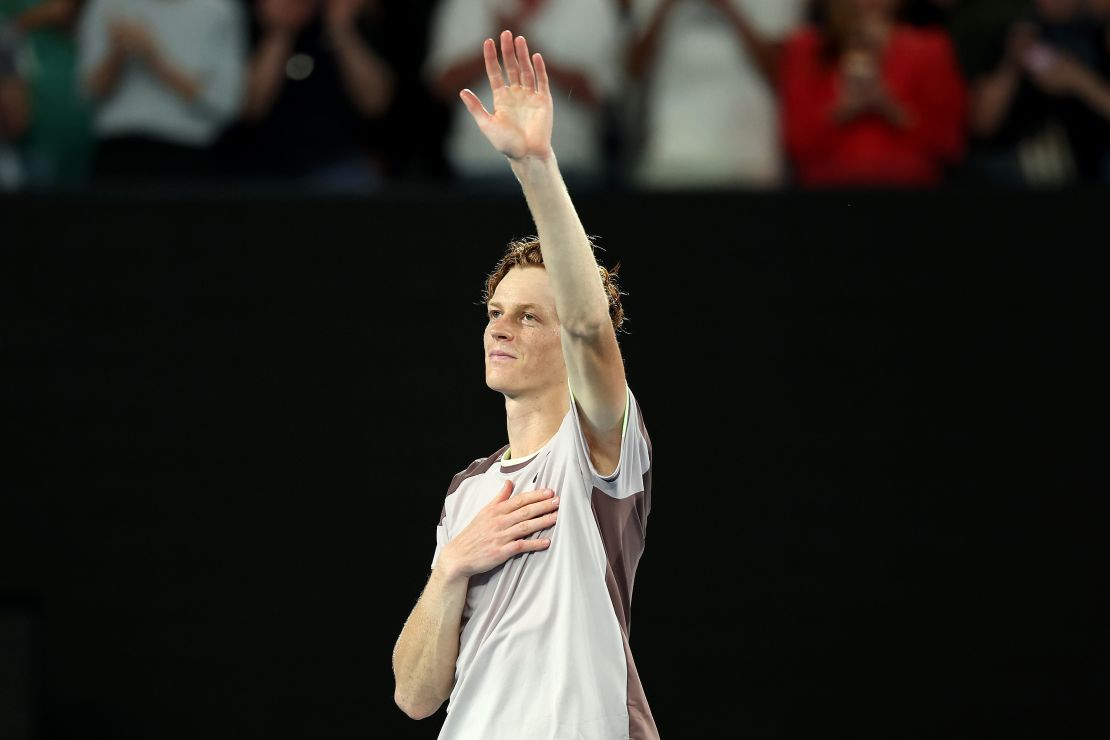 Jannik Sinner of Italy celebrates winning championship point in their Men's Singles Final match against Daniil Medvedev during the 2024 Australian Open at Melbourne Park on January 28, 2024 in Melbourne, Australia.