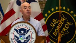 Alejandro Mayorkas, secretary of the US Department of Homeland Security (DHS), during a news conference while visiting the US-Mexico border in Eagle Pass, Texas, US, on Monday, Jan. 8, 2024.