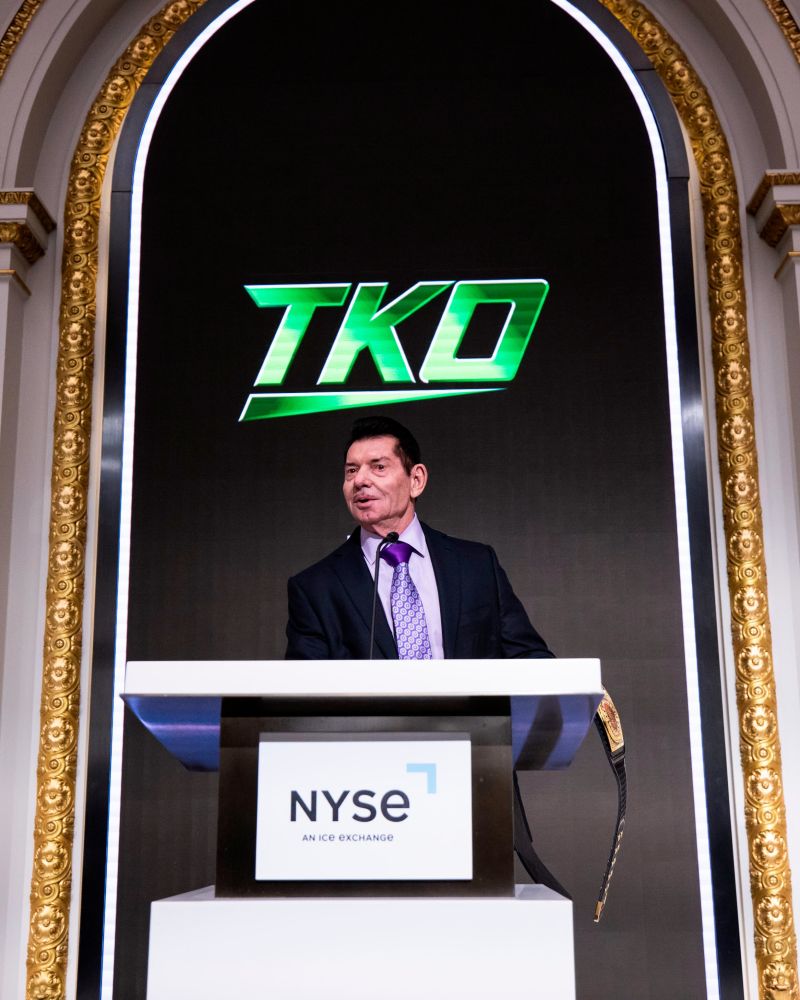 TKO Executive Chairman of the Board Vince McMahon is seen during a ceremony announcing Dwayne