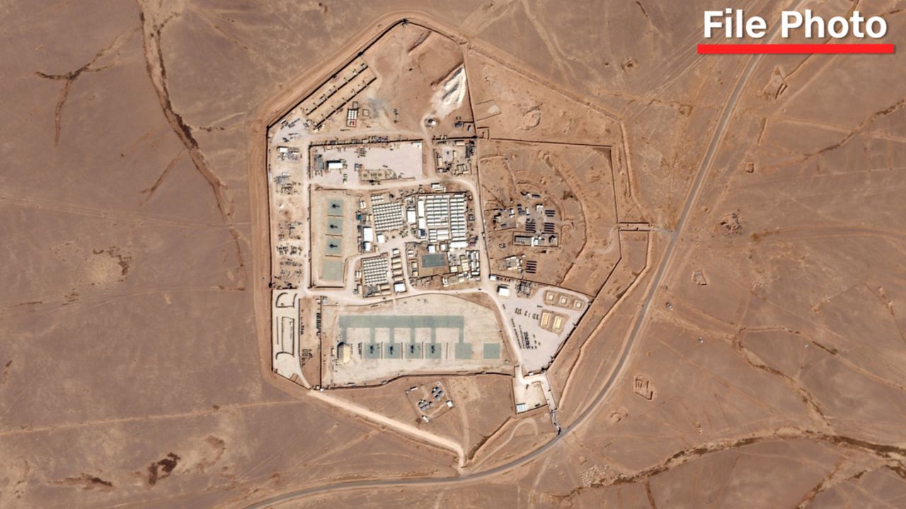 This satellite photo from Planet Labs PBC shows a military base known as Tower 22 in northeastern Jordan, on Oct. 12, 2023. Three American troops were killed and "many" were wounded Sunday, Jan. 28, 2024, in a drone strike in northeast Jordan near the Syrian border, President Joe Biden said. He blamed Iran-backed militia groups for the first U.S. fatalities after months of strikes against American forces across the Middle East amid the Israel-Hamas war. U.S. officials identified Tower 22 as the site of the attack. (Planet Labs PBC via AP)