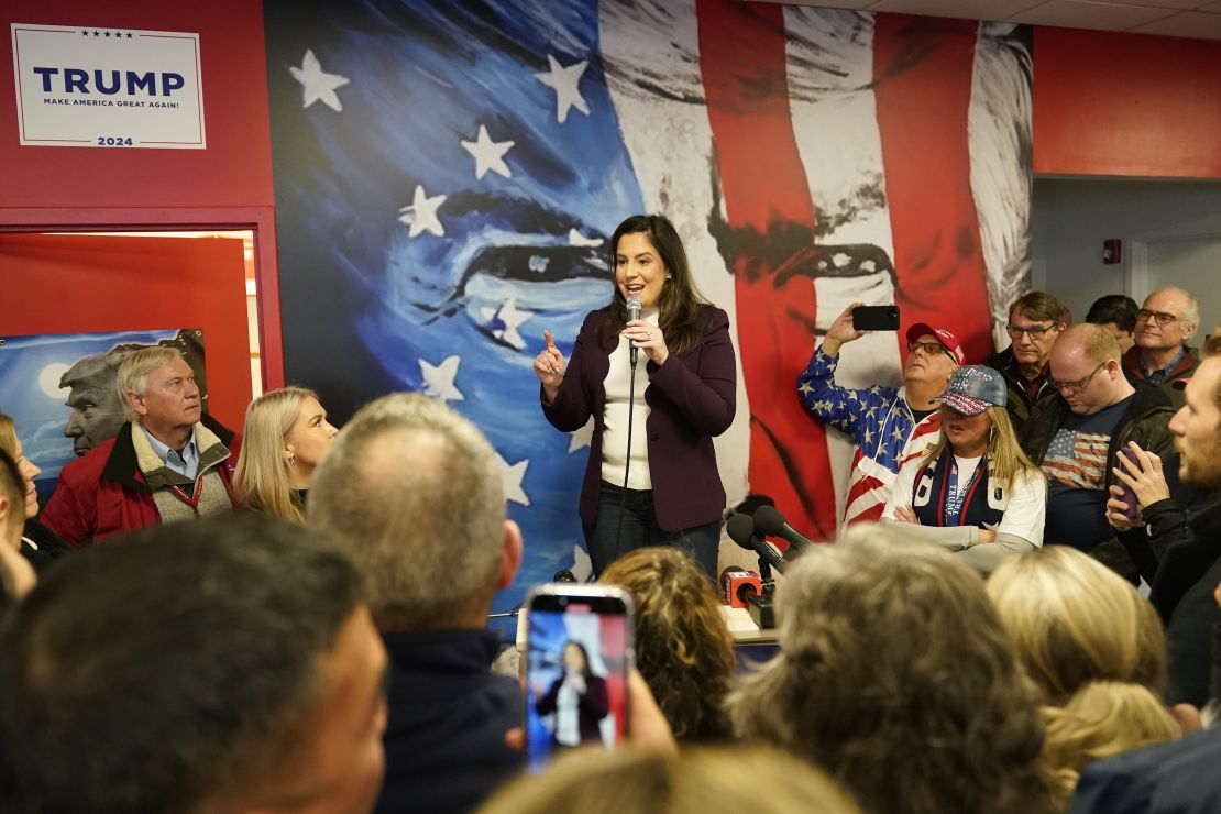 House Republican Conference Chair Elise Stefanik, R-N.Y., speaking at Team Trump New Hampshire headquarters, Saturday, Jan. 20, 2024, in Manchester, NH.