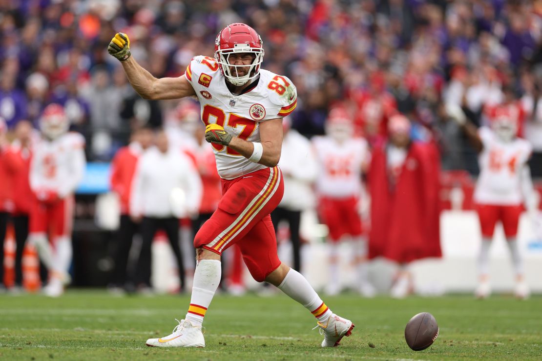 BALTIMORE, MARYLAND - JANUARY 28: Travis Kelce #87 of the Kansas City Chiefs reacts after a catch against the Baltimore Ravens during the second quarter in the AFC Championship Game at M&T Bank Stadium on January 28, 2024 in Baltimore, Maryland. (Photo by Patrick Smith/Getty Images)