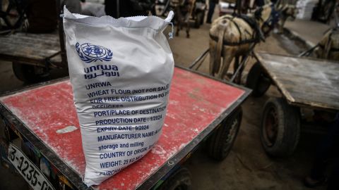A view of a bag of flour at the area where UNRWA (The United Nations Relief and Works Agency for Palestine Refugees) distributes flour to families as Israeli attacks continue in Rafah of Gaza on January 28, 2024.