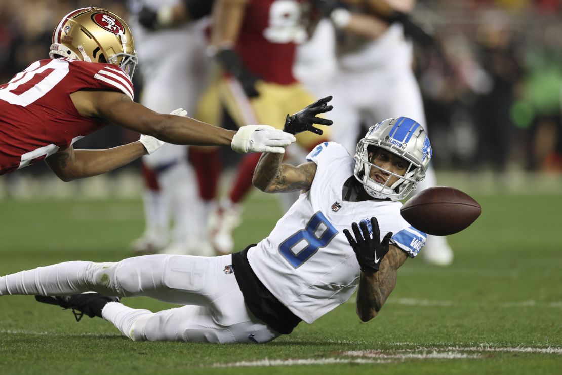 SANTA CLARA, CALIFORNIA - JANUARY 28: Josh Reynolds #8 of the Detroit Lions is unable to make a catch during the third quarter against the San Francisco 49ers in the NFC Championship Game at Levi's Stadium on January 28, 2024 in Santa Clara, California. (Photo by Ezra Shaw/Getty Images)