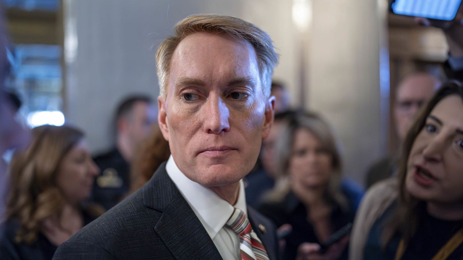 Sen. James Lankford, R-Okla., the lead GOP negotiator on a border-foreign aid package, speaks with reporters outside the chamber at the Capitol in Washington, Thursday, Jan. 25, 2024. Any bipartisan border deal could be doomed because of resistance from former President Donald Trump. (AP Photo/J. Scott Applewhite)