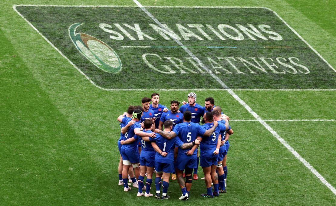 Team france react during the Six Nations Rugby match between France and Wales at Stade de France on March 18, 2023 in Paris, France.