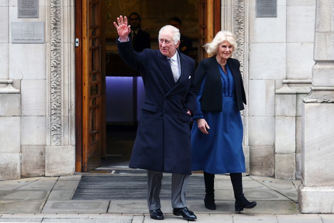 The King waves as he leaves the London Clinic with Queen Camilla in January 2024. The King <a href="index.php?page=&url=https%3A%2F%2Fwww.cnn.com%2F2024%2F01%2F26%2Fuk%2Fking-charles-iii-hospital-prostate-procedure-intl%2Findex.html" target="_blank">underwent a corrective procedure for an enlarged prostate</a>, CNN understands. In early February, Buckingham Palace announced that the King <a href="index.php?page=&url=https%3A%2F%2Fwww.cnn.com%2F2024%2F02%2F05%2Feurope%2Fuk-royal-announcement-gbr-intl%2Findex.html" target="_blank">has been diagnosed with a form of cancer</a>.