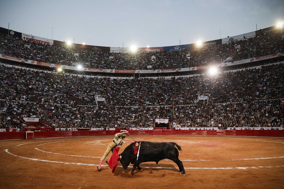 TOPSHOT - Mexican bullfighter Joselito Adame kills a bull during a bullfight event at the Monumental Plaza de Toros Mexico in Mexico City on January 28, 2024. Bullfighting resumed on Sunday in Mexico City after the Supreme Court revoked an earlier suspension. (Photo by Rodrigo Oropeza / AFP) (Photo by RODRIGO OROPEZA/AFP via Getty Images)
