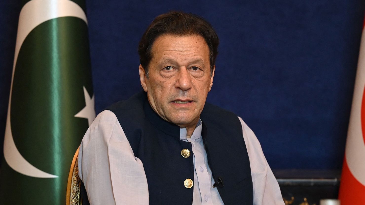 Former Pakistan's prime minister Imran Khan speaks during an interview with AFP at his residence in Lahore on March 15, 2023. - Former Pakistan prime Minister Imran Khan on March 15 said the government wanted him behind bars in order to stop him taking part in elections due later this year. (Photo by Aamir QURESHI / AFP) (Photo by AAMIR QURESHI/AFP via Getty Images)
