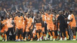 Ivory Coast's players celebrate after the victory at the end of the Africa Cup of Nations (CAN) 2024 round of 16 football match between Senegal and Ivory Coast at the Stade Charles Konan Banny in Yamoussoukro on January 29, 2024. (Photo by KENZO TRIBOUILLARD / AFP) (Photo by KENZO TRIBOUILLARD/AFP via Getty Images)
