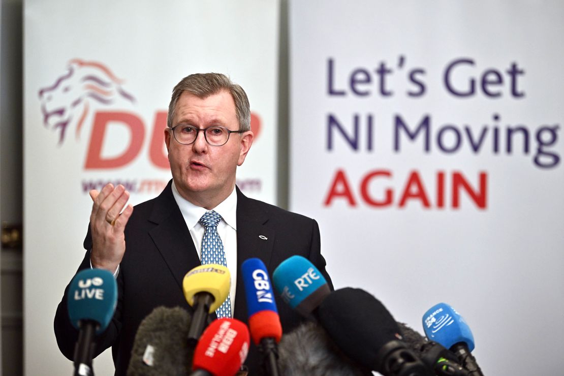 BELFAST, NORTHERN IRELAND - JANUARY 30: Democratic Unionist Party (DUP) leader Sir Jeffrey Donaldson addresses the media following a meeting with 120 executive members of the DUP on a possible deal to restore the devolved government on January 30, 2024 in Belfast, Northern Ireland. The province has been without a government for two years since the DUP triggered the collapse of the power-sharing executive in a protest against post-Brexit trade checks between Northern Ireland and Great Britain, known as the Windsor Framework. (Photo by Charles McQuillan/Getty Images)