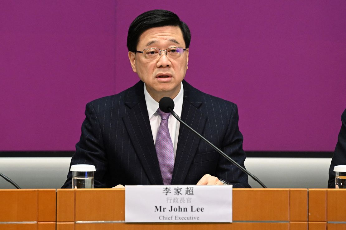 Hong Kong Chief Executive John Lee speaks during a press conference at government headquarters in Hong Kong on January 30, 2024.