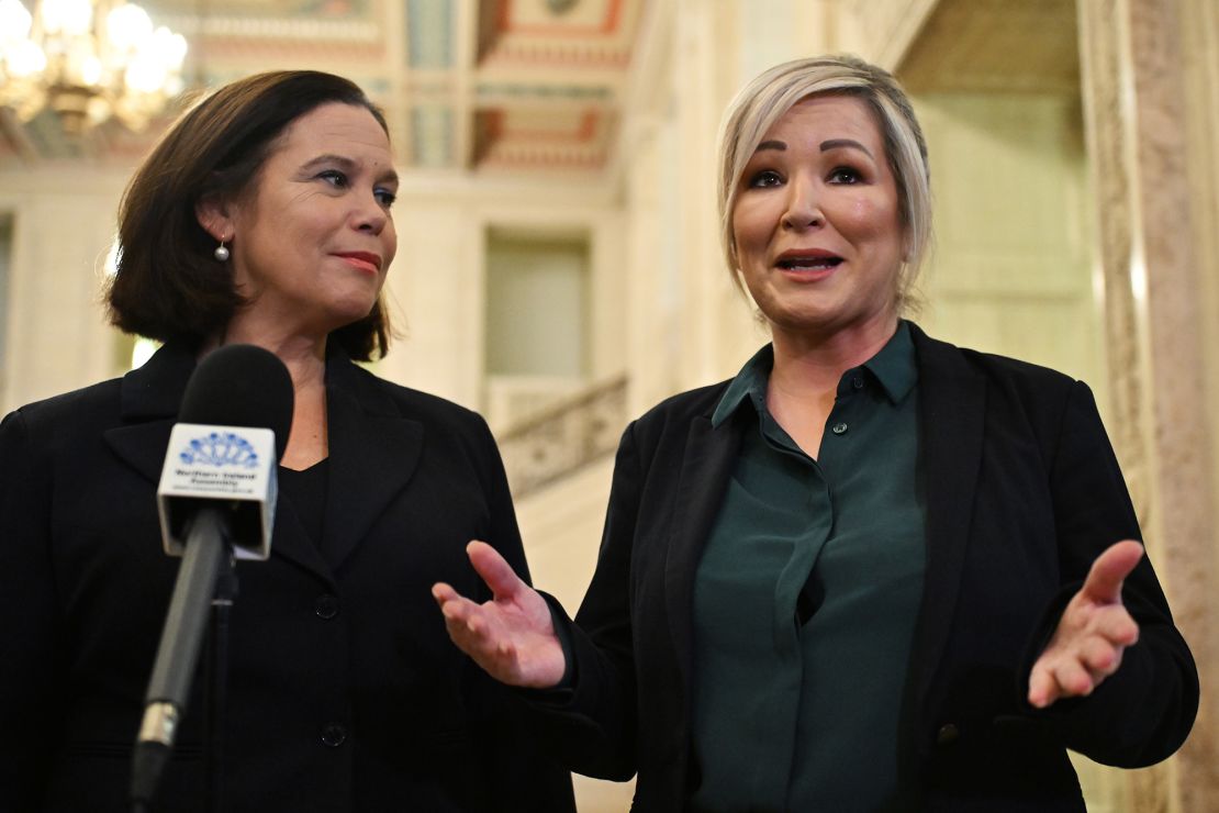BELFAST, NORTHERN IRELAND - JANUARY 30: (L-R) Sinn Fein's Mary Lou McDonald and Michelle O'Neill address the media on the imminent return of the Northern Ireland Government at Stormont, on January 30, 2024 in Belfast, United Kingdom. The province has been without a government for two years since the DUP triggered the collapse of the power-sharing executive in a protest against post-Brexit trade checks between Northern Ireland and Great Britain, known as the Windsor Framework. After a meeting last night, the DUP agreed to return to Stormont after the UK government signed up to a further deal on post-Brexit trade arrangements. (Photo by Charles McQuillan/Getty Images)