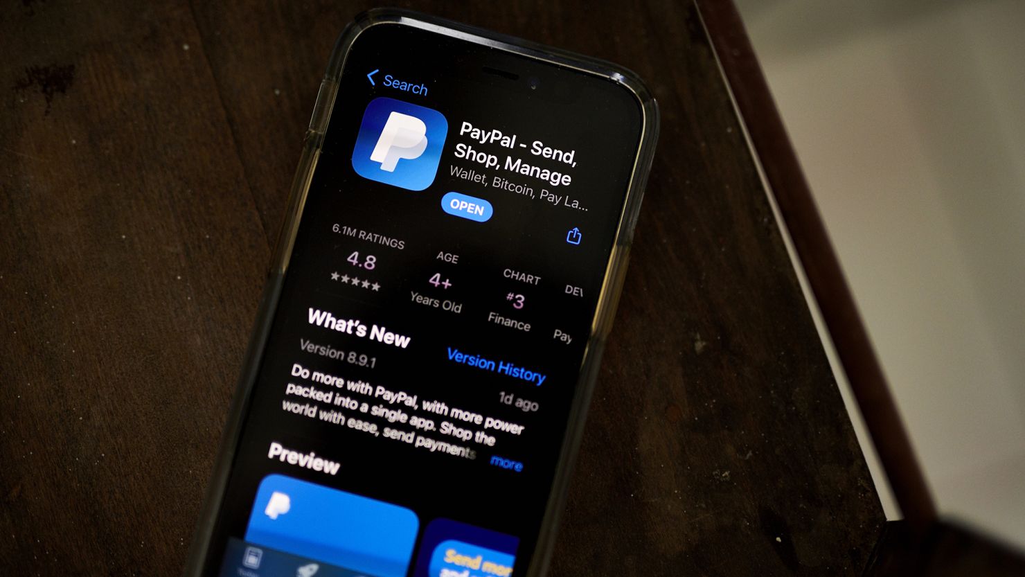 The PayPal application in the Apple App Store on a smartphone arranged in Saint Thomas, U.S. Virgin Islands, on Saturday, Jan. 29, 2022.