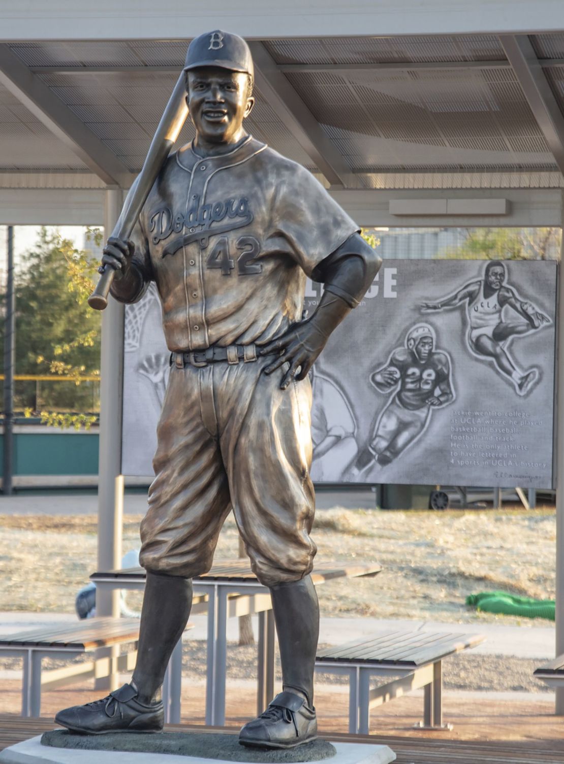 The bronze statue of baseball legend Jackie Robinson before it was cut down and stolen from a Wichita, Kansas park.