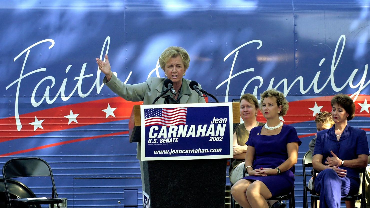 Sen. Jean Carnahan, D. Mo., gestures while addressing supporters during a sendoff rally in St. Louis, Monday, Aug. 12, 2002. Carnahan pledged to fight for working families and corporate accountability Monday as she launched a four-day, 1,500-mile bus tour around Missouri. (AP Photo/James A. Finley)
