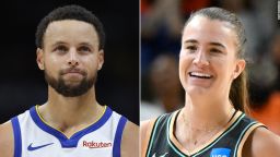 Stephen Curry #30 of the Golden State Warrior, left, and Sabrina Ionescu #20 of the New York Liberty