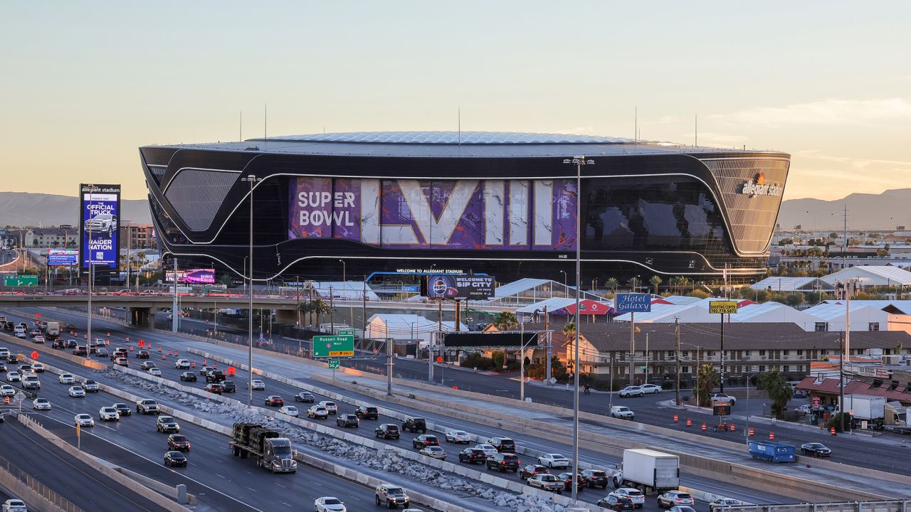 LAS VEGAS, NEVADA - JANUARY 30: An exterior view shows signage for Super Bowl LVIII at Allegiant Stadium on January 30, 2024 in Las Vegas, Nevada. The game will be played on February 11, 2024, between the Kansas City Chiefs and the San Francisco 49ers. (Photo by Ethan Miller/Getty Images)
