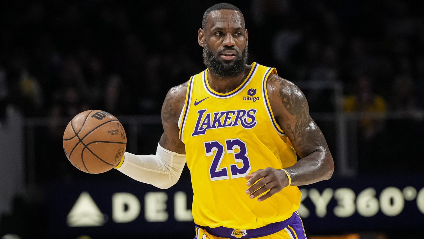 Jan 30, 2024; Atlanta, Georgia, USA; Los Angeles Lakers forward LeBron James (23)  brings the ball up the court against the Atlanta Hawks during the first half at State Farm Arena. Mandatory Credit: Dale Zanine-USA TODAY Sports