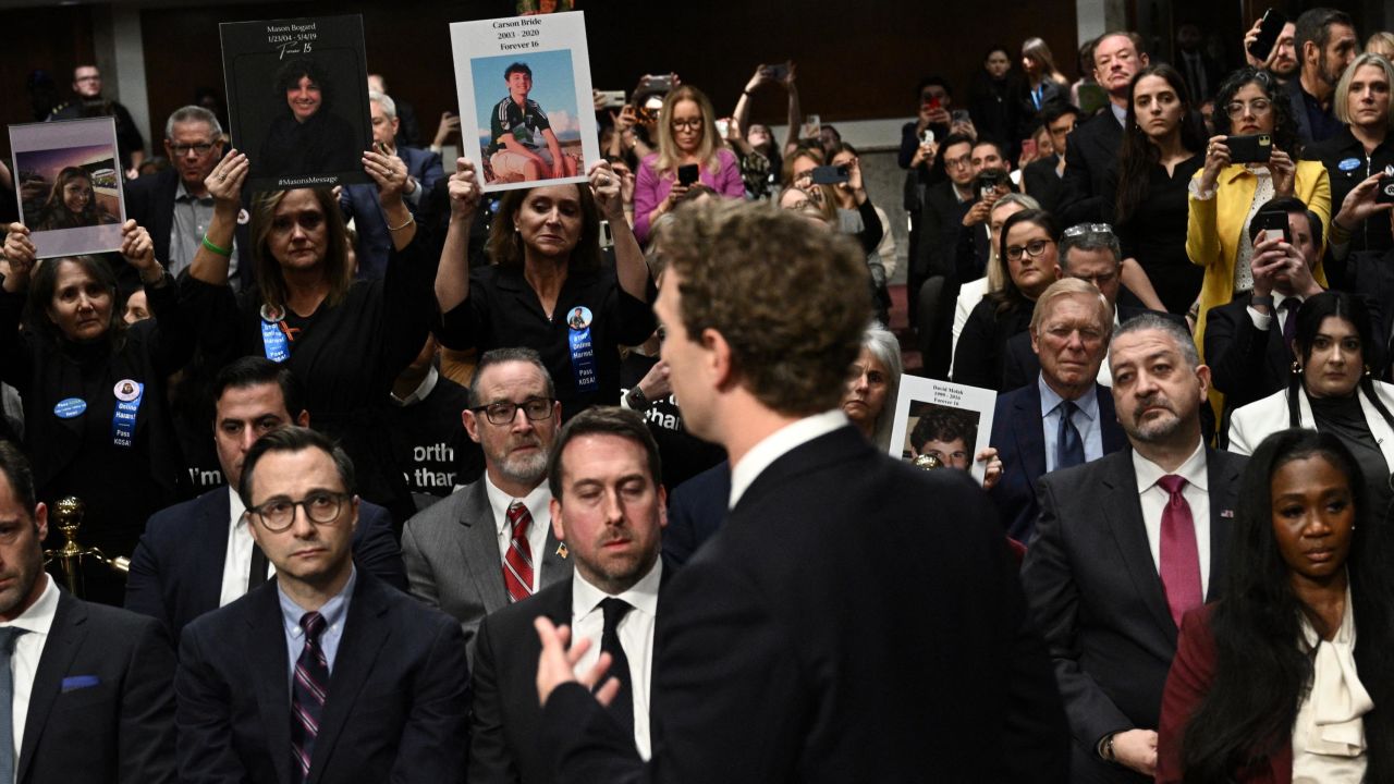 Mark Zuckerberg, CEO of Meta, speaks to victims and their family members as he testifies during the US Senate Judiciary Committee hearing "Big Tech and the Online Child Sexual Exploitation Crisis" in Washington, DC, on January 31, 2024. (Photo by Brendan SMIALOWSKI / AFP) (Photo by BRENDAN SMIALOWSKI/AFP via Getty Images)