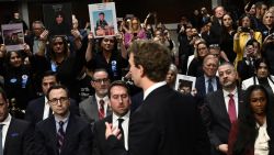 Mark Zuckerberg, CEO of Meta, speaks to victims and their family members as he testifies during the US Senate Judiciary Committee hearing 