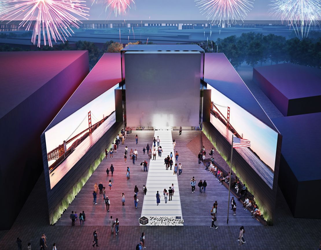 The renderings show large LED screens around the central plaza which will show US landmarks, national parks and other iconic images.
