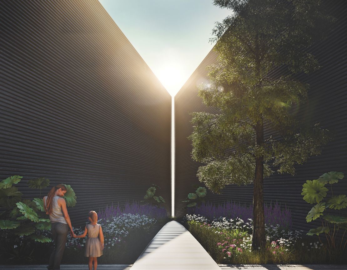 Trahan’s design features an elongated outdoor space sandwiched between two triangular buildings.