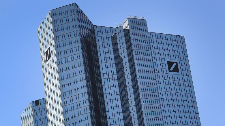 The headquarters of German bank Deutsche Bank with its logo are pictured in Frankfurt am Main, Germany on February 7, 2023. - Germany's Deutsche Bank on February 2 said it booked its highest annual profit since 2007 last year, thanks to higher interest rates and a major cost-cutting drive. The bank recorded a 5.03-billion-euro (USD 5.5 billion) net profit for 2022, up from 1.9 billion euros a year earlier. (Photo by Daniel ROLAND / AFP) (Photo by DANIEL ROLAND/AFP via Getty Images)